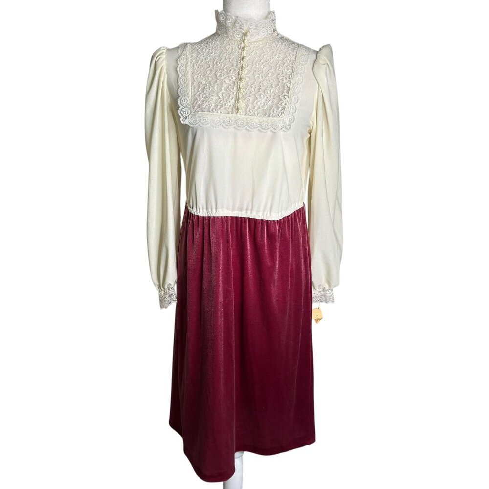 Vintage 70s Jerri Gee Lace Velvet Dress Sz Small Deadstock Small Pearl Button